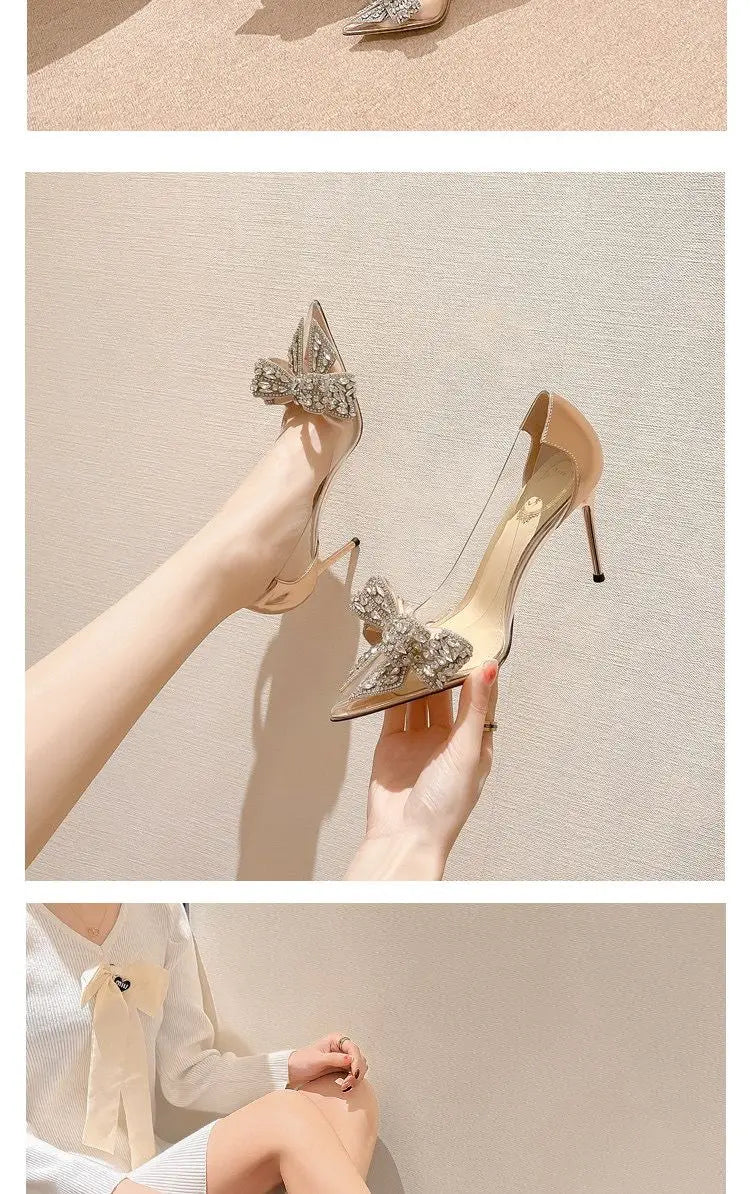 Pointed toe stiletto women's high heels women's shoes fashion women's shoes wedding shoes high heel 8cm transparent bow gemstone heels_stiletto