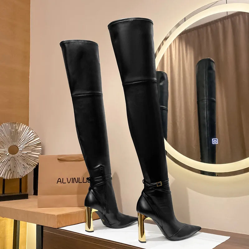 Fashion Autumn Winter Soft Leather Stretch Women Thigh high Boots Elegant Pointed toe High heels Over the knee Boots Party Shoes boots_highheel