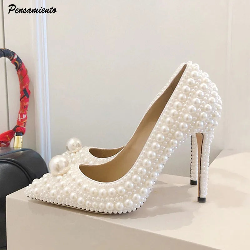 Luxury All perals Decoration White Women Pumps Fashion Spring Autumn Elegant 11CM Thin High heels Wedding Bridal Prom Shoes heels_bridal