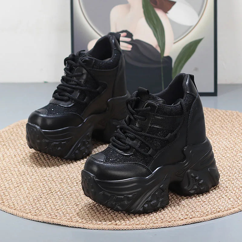 14CM Air Mesh Synthetic Genuine Leather Platform Wedge Flats Women Vulcanize Hollow Summer Chunky Sneakers Shoes  sneakers_platform