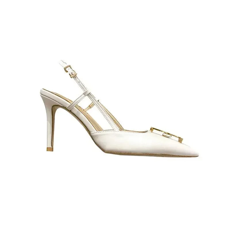 White Elegant Women's Stilettos Summer Fashion Sandals with Metal Buckle Baotou Pointed Back Design 2025 New Ladies' Shoes heels_stiletto