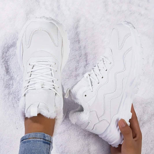 Women's Winter Casual Sports Short Boots-Pure Color Warm Keeping Cotton Cushion Lace-up Flat Shoes, Polyurethane Upper sneakers_platform