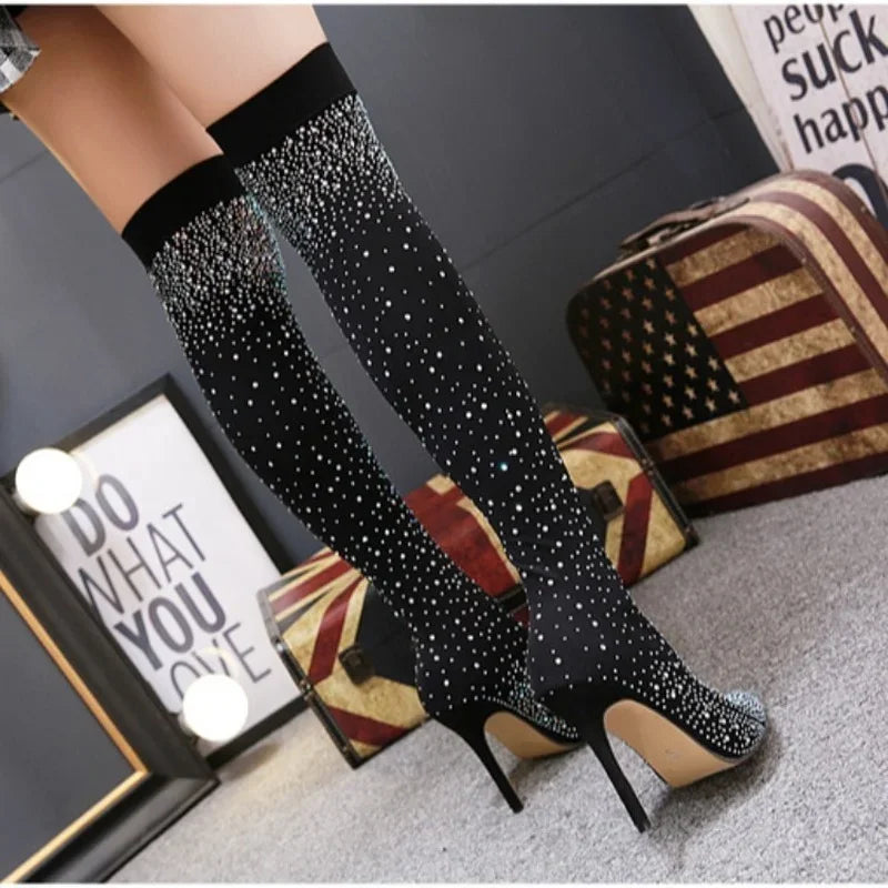 Summer Knee Boots  Luxury Woman Shoes Rhinestone Pointed Toe Sexy High Heels Plus Size 43 Thigh High Sock Botas De Mujer boots_highheel