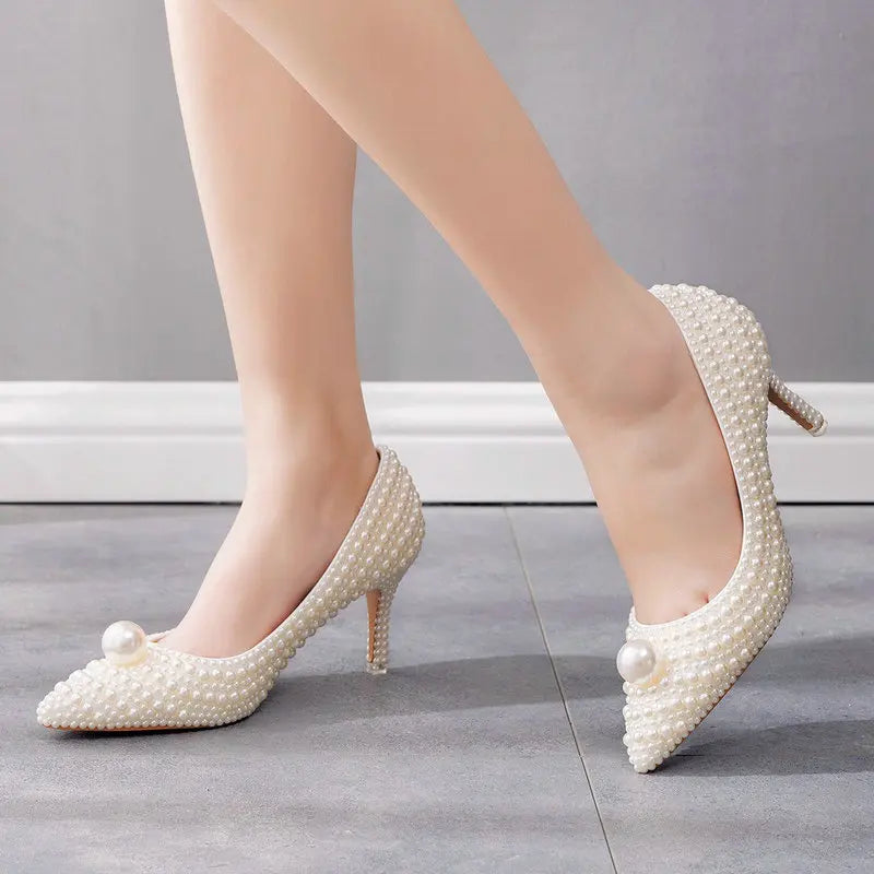 11cm Pearl Wedding Shoes Thin Heel Pointed Single Shoe Large Size Women's Shoes Bride Shoes Dinner Women's Pumps heels_bridal