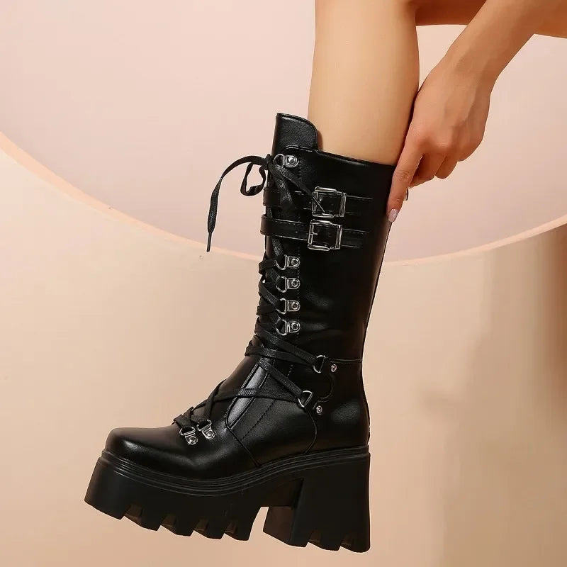 Winter 2026 New Women's Fashion Mid Tube Boots Lace Up High Platform Wedge Boots New Women's Fashion Solid Color Boots boots_platform