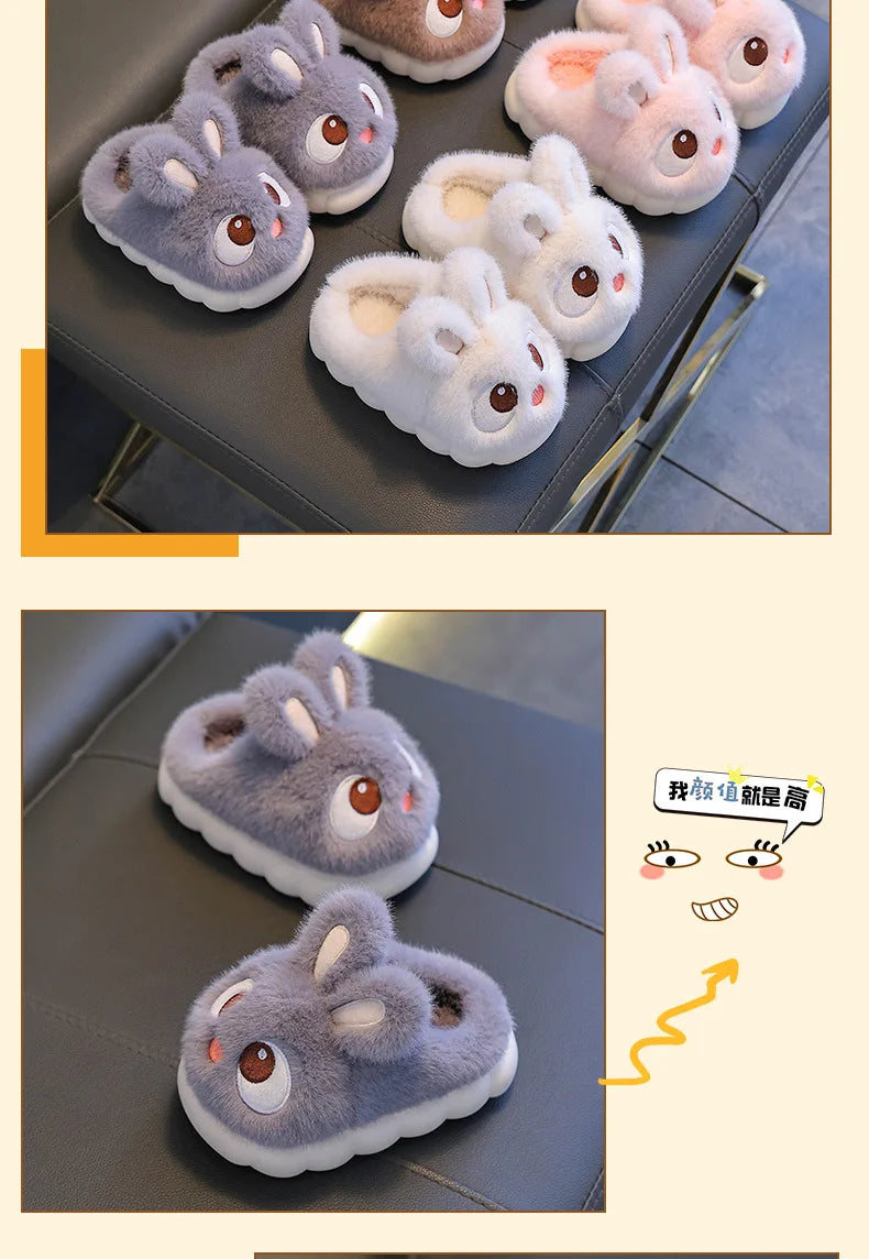 Winter Children's Cotton Shoes 2025 New Cute Rabbits Warm Plush Girls' Slippers Faux Fur Anti Slip Flat Boys' Home Slippers kids_shoes
