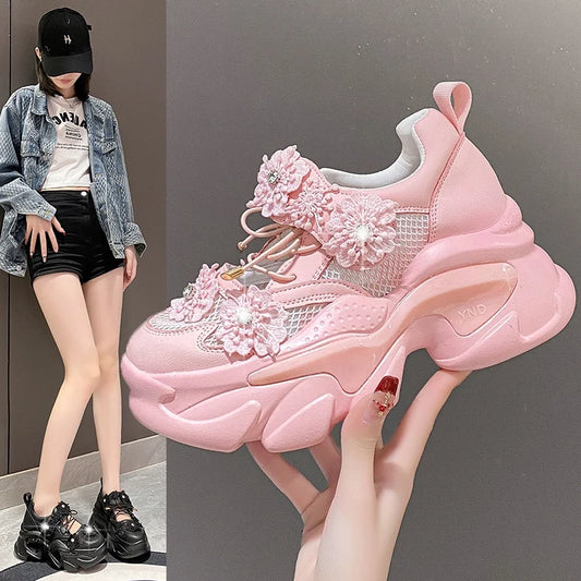 Women Platform Casual Breathable Crystal Flower Shoes Summer Chunky Sneakers 7.5CM Hidden Heels Hollow Leisure Shoes Woman sneakers_platform