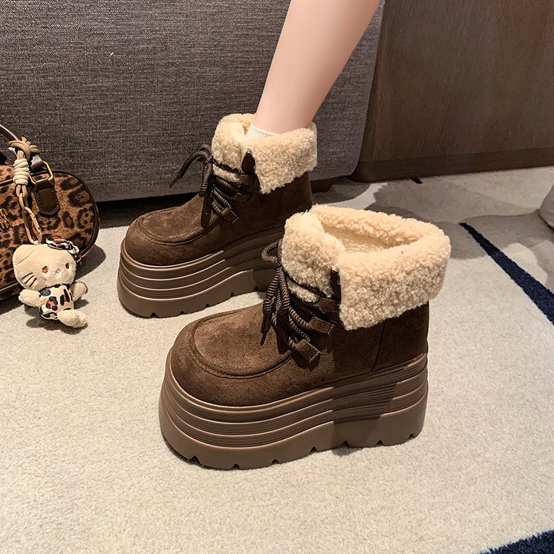 New Women Winter Warm Snow Boots 10CM High Platform Short Booties Designer Suede Leather Cotton Shoes Woman Ankle Botas Mujer boots_platform