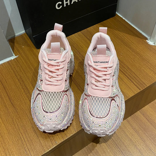 Luxury Designer Women's Shoes New Rhinestone Women's Sneakers Breathable Hollow Mesh Casual Platform Shoes Zapatos Mujer 7 cm sneakers_platform sneakers_luxury