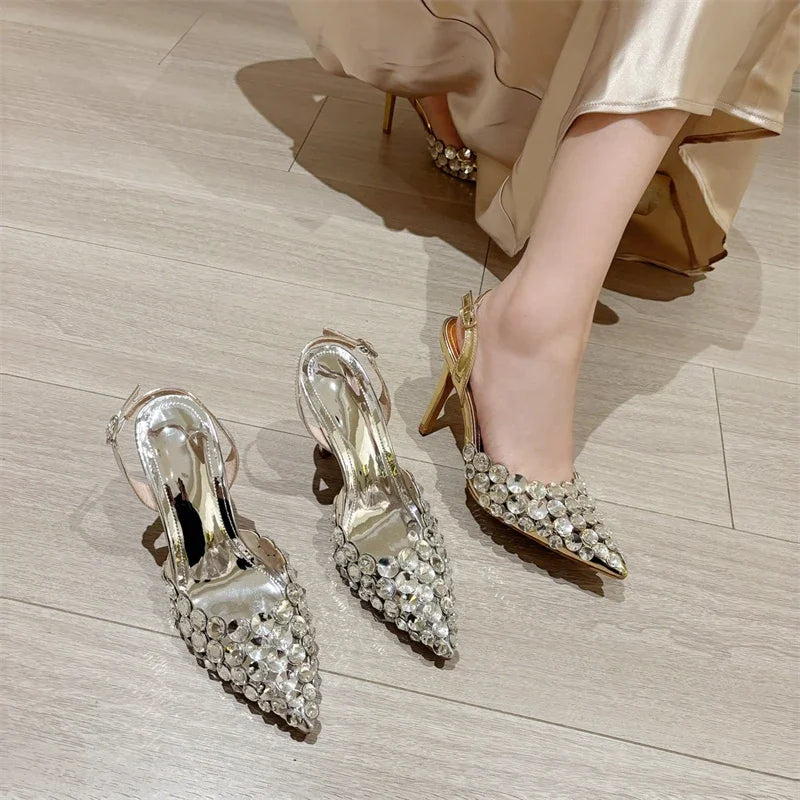 Aneikeh Fashion Stiletto Pumps Summer Silvery Rhinestone Hollow Strap High-heeled Sandals Women Wedding Banquet Shoes heels_stiletto