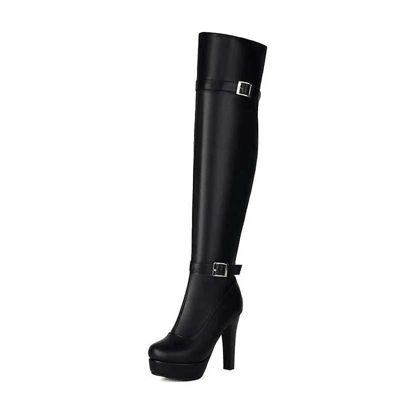 Double Row Metal Belt Buckle Side Zipper Round Toe Platform Ultra-High Thick Heel Over The Knee High Boots New Long Boots boots_platform