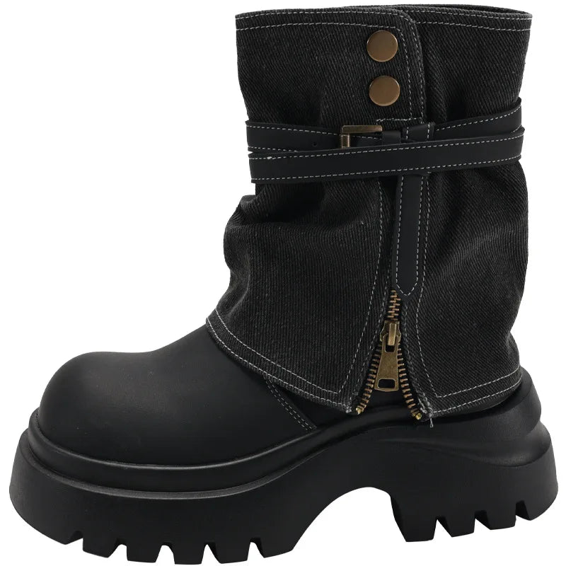 Winter Punk Style Women Pipe Ankle Boots Fashion Belt Buckle Shoes Ladies Concise Platform Heel Short Booties Zapatos De Mujer boots_platform