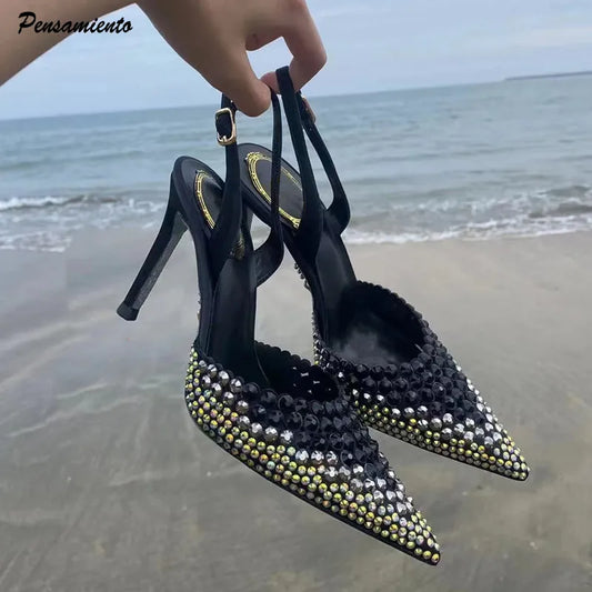 Luxury Rhinestones Gradient Slingbacks Women Pumps Fashion Bling Crystal Banquet Stiletto High Heels Fashion Party Prom Shoes heels_stiletto