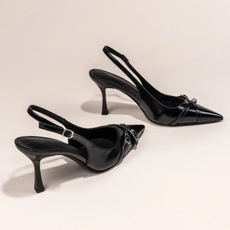 Fashionable Pointed Toe Shallow Mouth New High-heeled Shoes Summer Elegant Buckle Decorated Stiletto Black Women's Shoes Pumps heels_stiletto