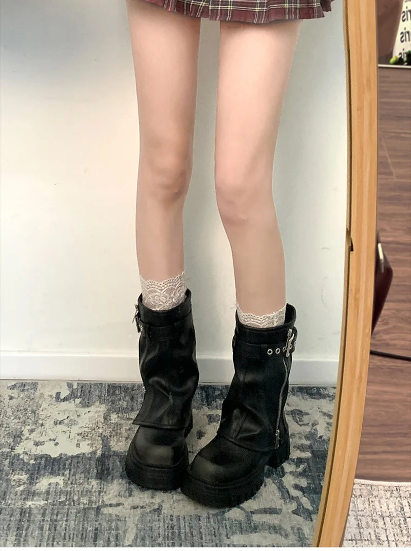 Winter Women Biker Boots Fashion Belt Buckle Ladies Elegant Platform Flats Short Booties Casual Women's Knight Booties boots_platform