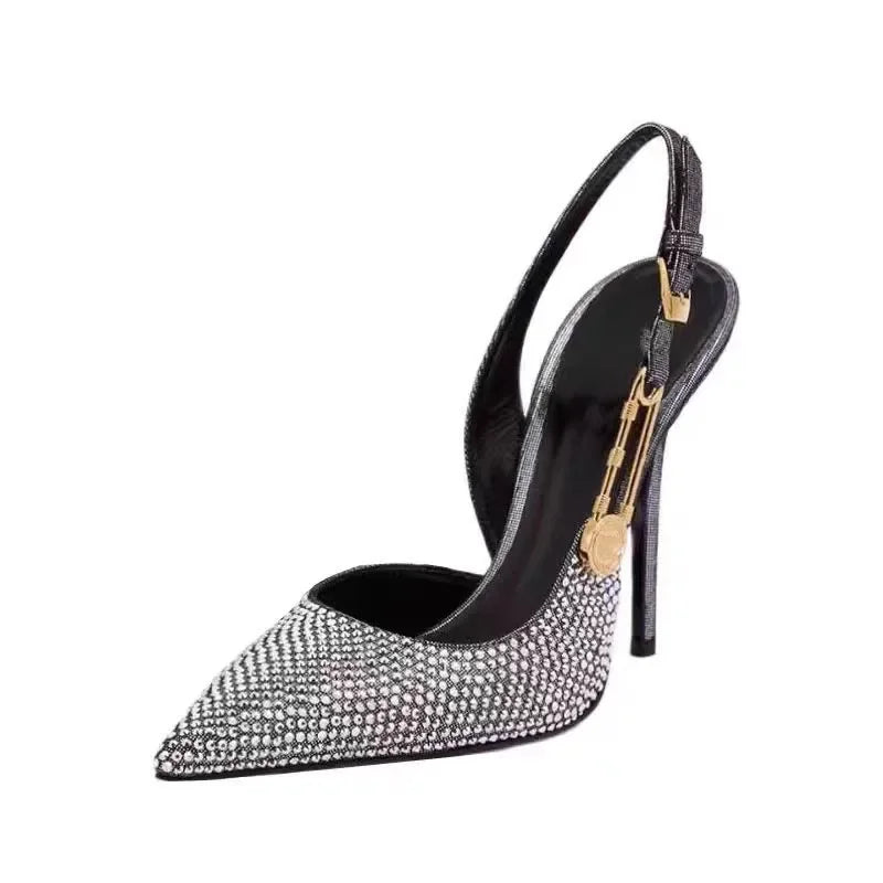 Women Shoes Luxury Rhinestones Sequined Buckle High Heels Elegant Pointed Toe Slingbacks Stiletto Shoes for Women Fashion Shoes heels_stiletto