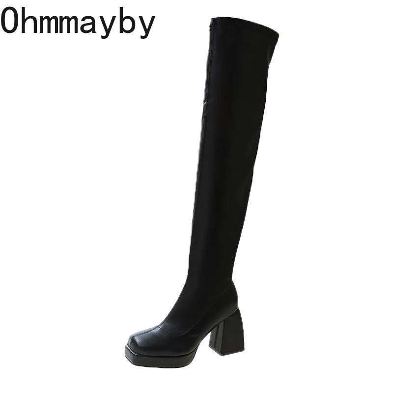 Autumn Winter Street Style Stretch Over The Knee Boots Women Fashion Round Toe Square Platform Heels Long Booties boots_platform