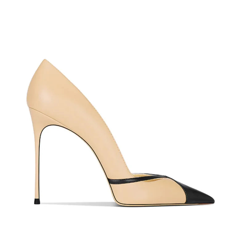 White Matte Leather High Heels Patchwork Pointed Toe Shallow Stilettos Pumps Slip-on Banquet Shoes heels_stiletto