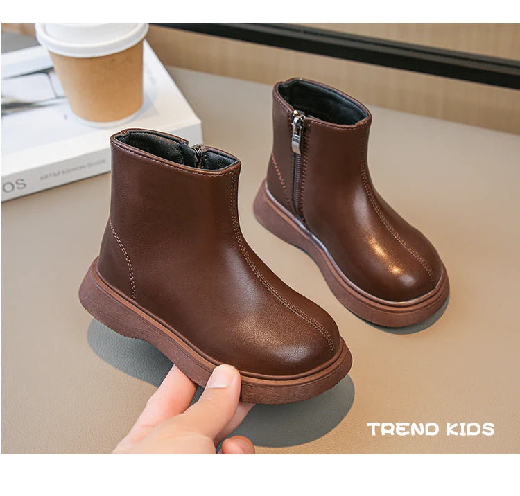Children Fashion Boots Simple Girls Ankle Boot Black Kids Short Leather Boots Side Zipper Thick Bottom Autumn Winter 2024 New kids_shoes