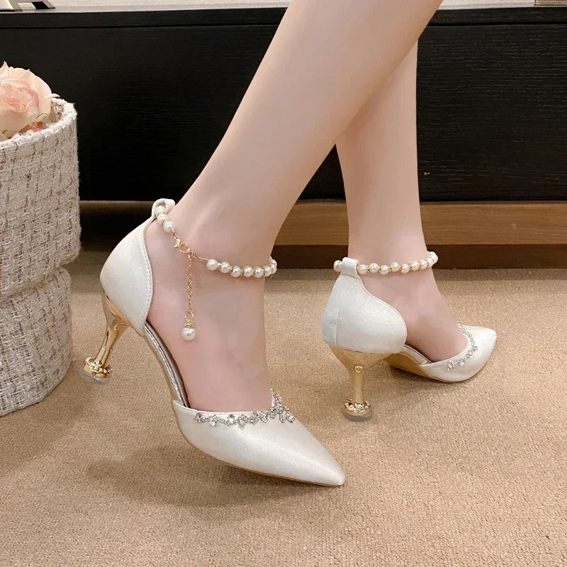 Pointed Toe Baotou Sandals Women's 2025 New Stiletto Hollow Single Shoes Versatile Pearl Strap Women's Shoes heels_bridal