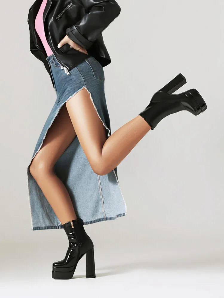 High Heeled Women Boots Square Toe Zipper Ankle Platform Shoes Cool Fashion Punk Gothic New Brand Winter Elastic Boots Woman boots_platform