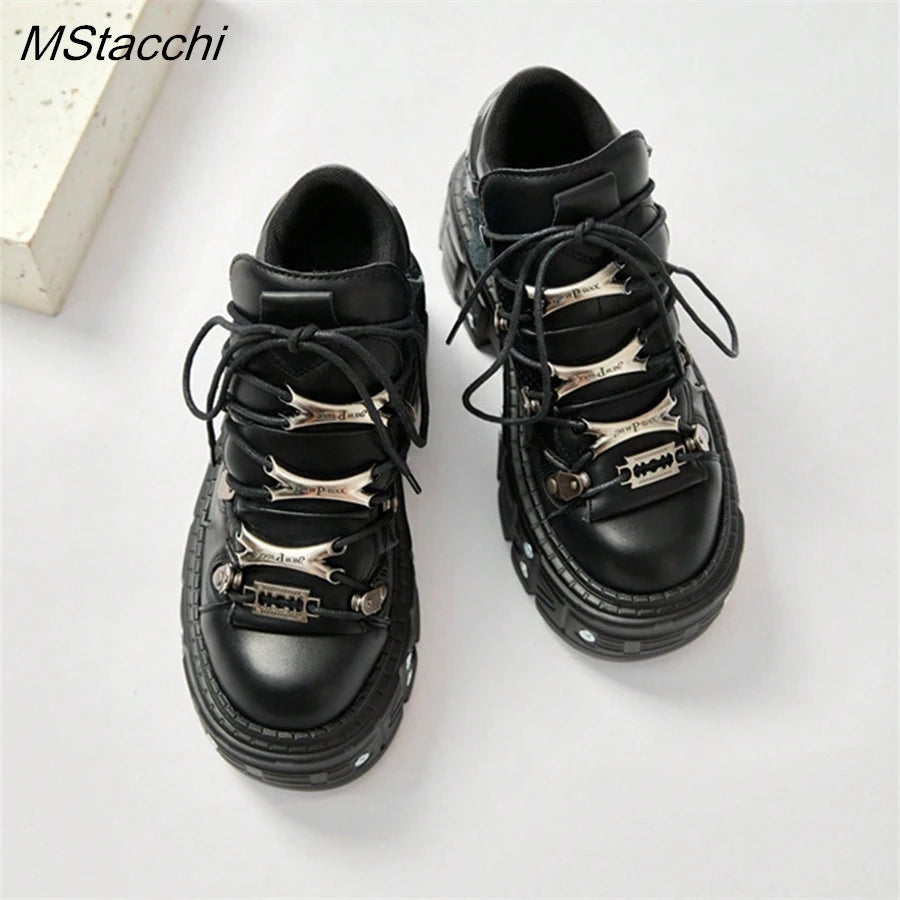 Punk Style Women Black Shoes Rock Metal Decor Lace-up Heel Height Platform Shoes Gothic Man Sneakers Women Ankle Boots 2026 sneakers_platform