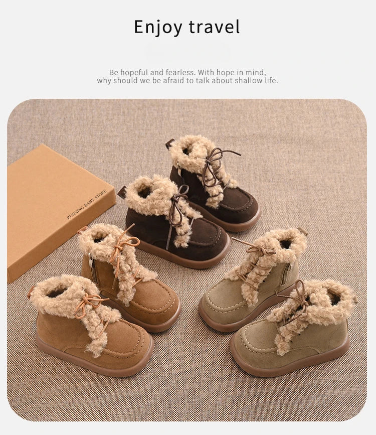 Children Thick Sole Suede Snow Boots Girls Casual Warm Anti-slip Winter Cotton Shoes Casual Outdoor Fashion Flat Footwear H11103