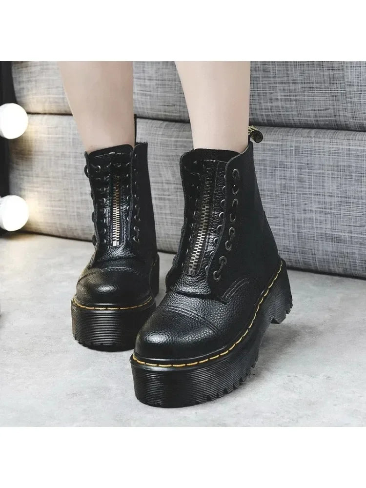 Women Boots Genuine Leather Platform Boots Motorcycle Shoes Front Zipper Optical Soles Fashion Sexy Punk Men Winter Boots 35-44 boots_platform