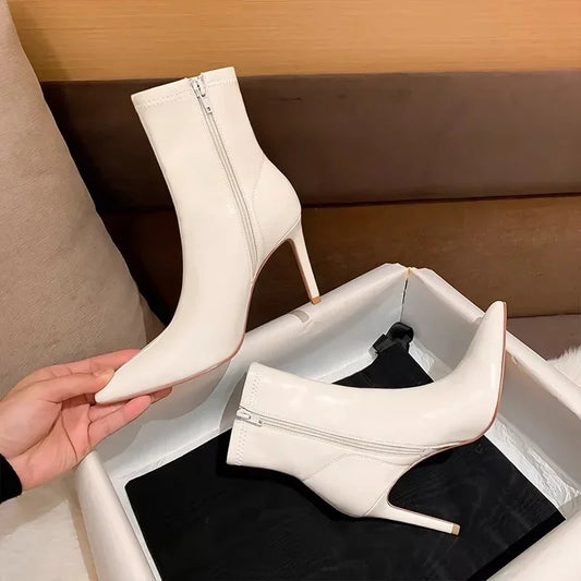 Women's Spring Ankle Boots White High Heels Pointed Toe Stiletto Heel Side Zipper Short Boots Leisure Fashion Sexy Botas Mujer boots_highheel