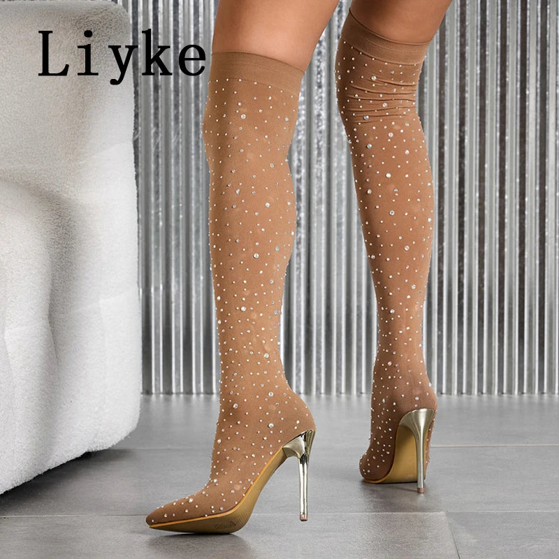 Liyke Sexy Pointed Toe Crystal Rhinestone Stretch Fabric Thigh High Boots Women Thin Heels Over The Knee Socks Shoes Size 35-43 boots_highheel