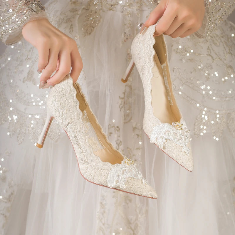 2025 Summer Cutout Women's Mesh Embroidered Pointed Toe Stiletto Heels Lace Shoes heels_stiletto