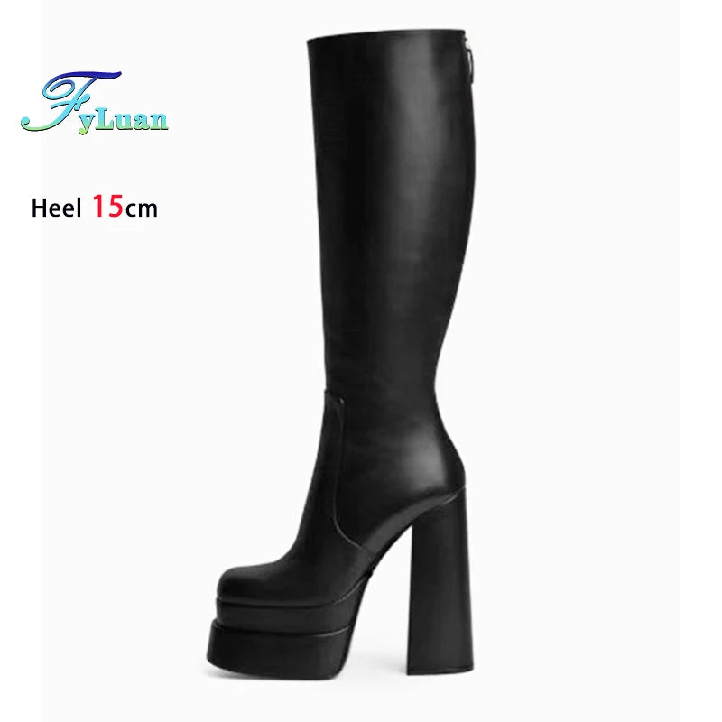 Size 35-46 Women Square Toe Knee-high Boots 15CM Back Zipper Black Chunky Platform Boots Europe and America New Goth Woman Shoes boots_platform