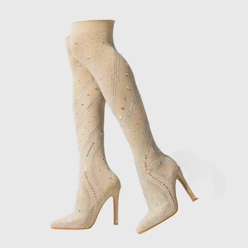 2024 Winter Street Style Sexy Stretch Fabric Knee-high Boots for Women Design Crystal Pointed Toe Stiletto Striptease High Heels boots_highheel