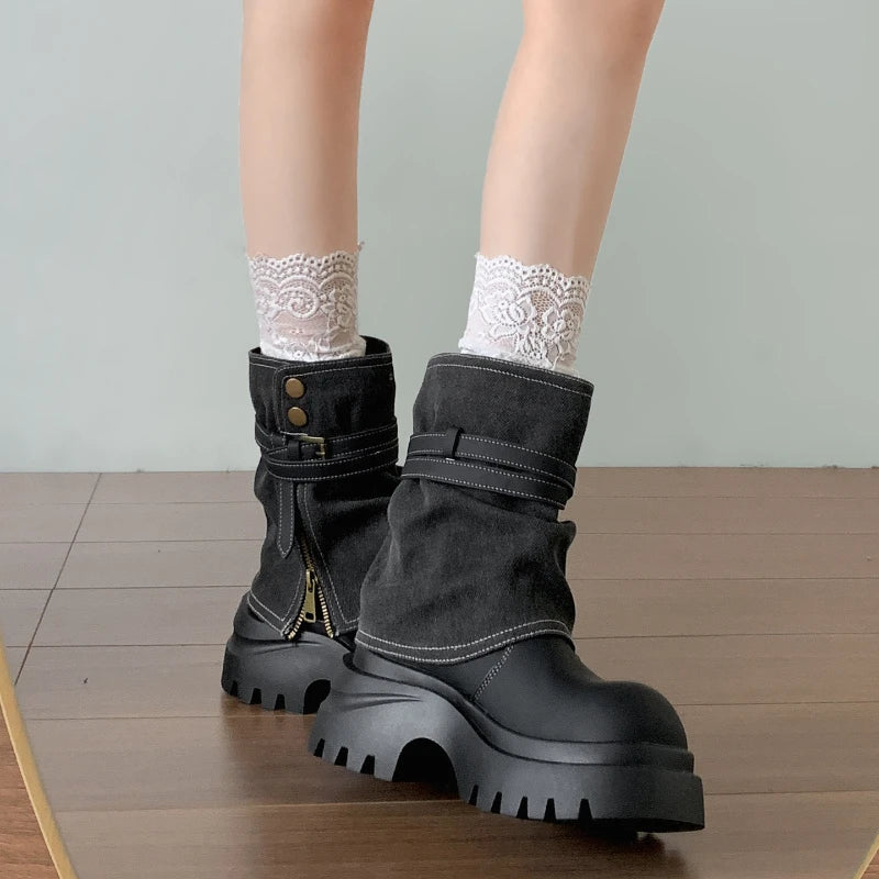Winter Punk Style Women Pipe Ankle Boots Fashion Belt Buckle Shoes Ladies Concise Platform Heel Short Booties Zapatos De Mujer boots_platform