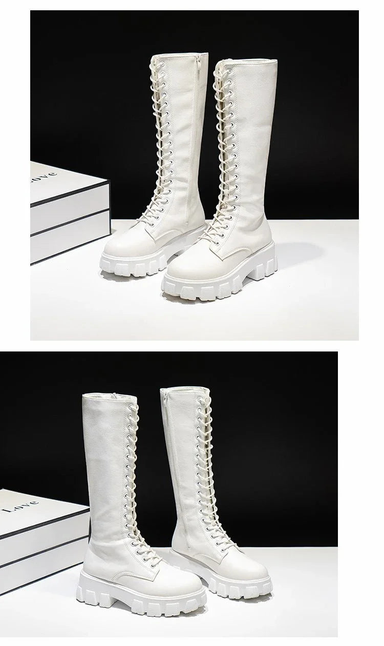 Women's Mid Calf Boots Padded Shoes Knee High Winter Sneakers Punk Style Military Casual White Black 2024 Lucury Platform Woman boots_platform