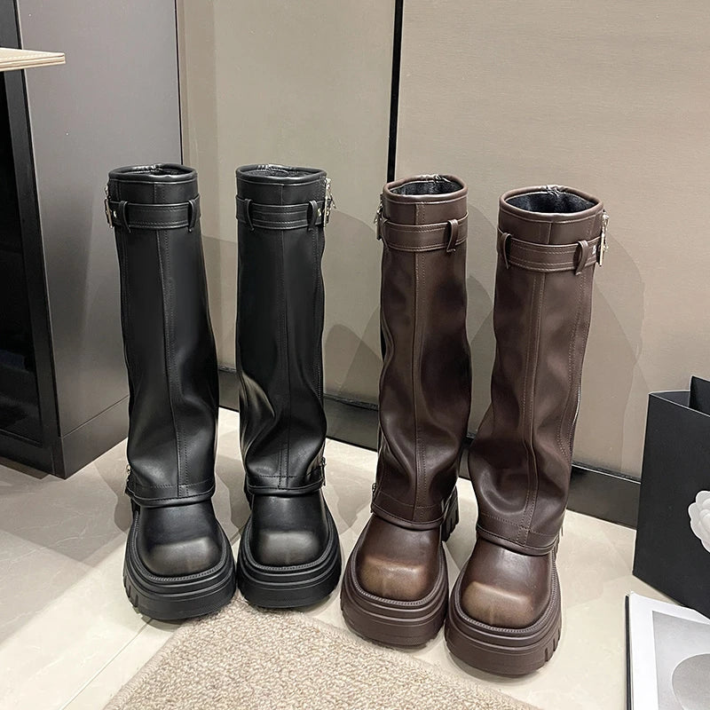 Winter Women Biker Boots Fashion Belt Buckle Ladies Elegant Platform Long Pipe Booties Casual Women's Knee High Booties2025 boots_platform
