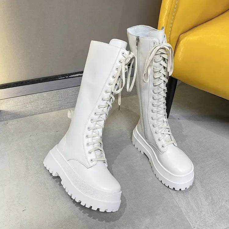 2024 New Thicken Winter Knight Boots Women Knee High Long Square Heel Boots Retro Thick Motorcycle Boots Black White Botas Mujer boots_platform
