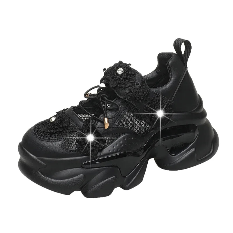 7.5CM Heels Women Thick Bottom Wedge Sneakers Embroider Hollow Out Gladiator Breathable Summer Shoes Woman Bling Chunky Sandals sneakers_platform