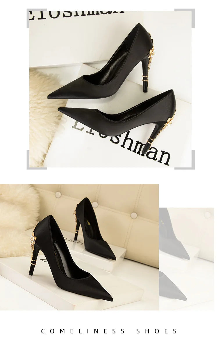 2025 New Metal Flower Women Pumps Designer Shoes High Heels Women Satin Stiletto Heels 10 Cm Sexy Wedding Shoes Plus Size 41 heels_stiletto