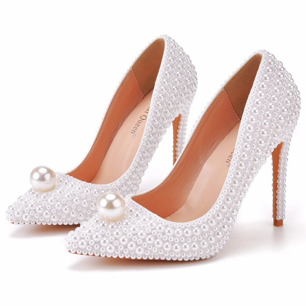Fashion Pointed White Pearls Heels Crystal Women's Shoes 11cm Beige Bridal Wedding Shoes heels_bridal