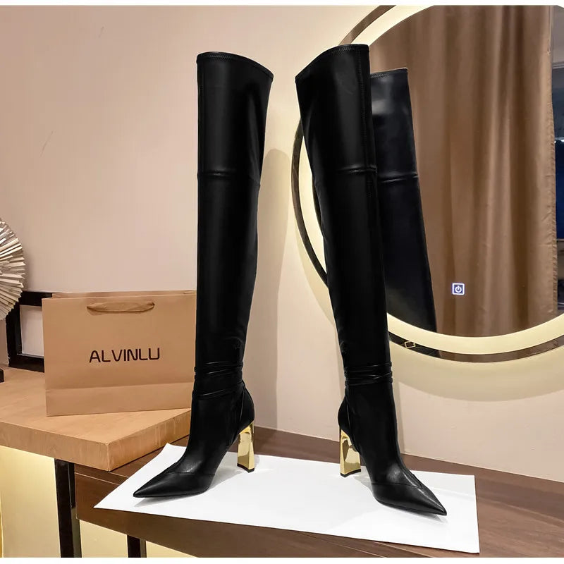 Fashion Autumn Winter Soft Leather Stretch Women Thigh high Boots Elegant Pointed toe High heels Over the knee Boots Party Shoes boots_highheel