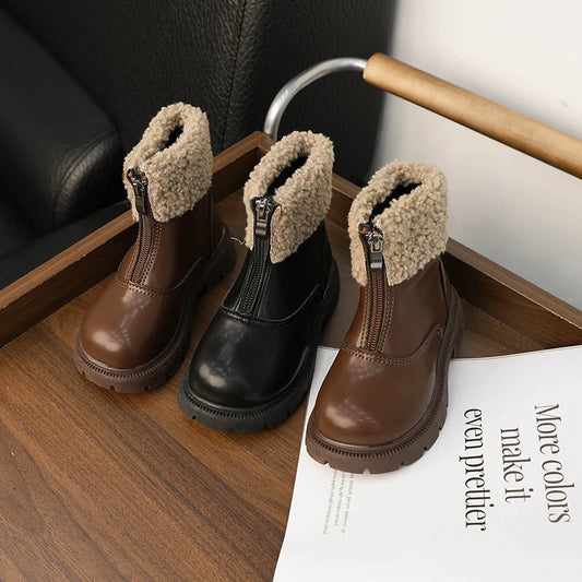 Winter Children's Ankle Boots Warm Simple Toddler Girls Causal Cotton Boots Thick Bottom Trend Kids Fashion Leather Boots Zipper kids_shoes