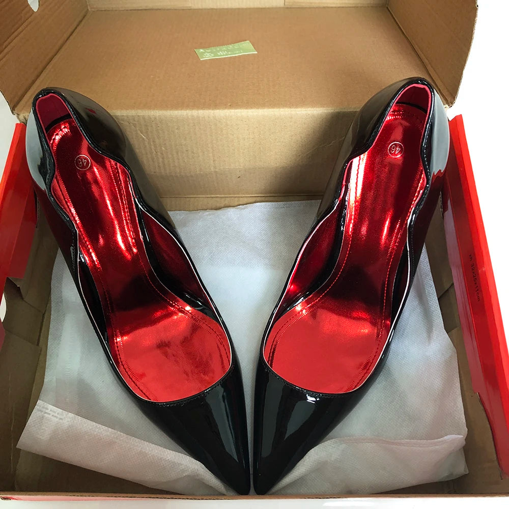 Newly 12cm Women Sexy Glossy Black Patent Pumps Shallow Stilettos Elegant Slip On High Heels Pointed Toe Party Woman Dress Shoes heels_stiletto