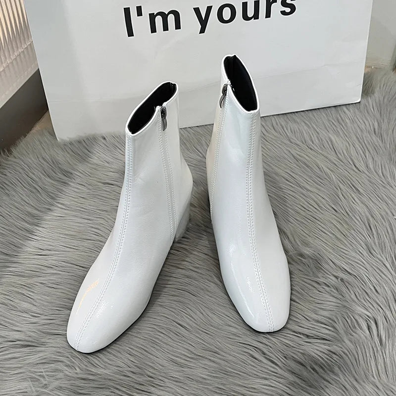 Leather Medium Heeled Short Boots for Women PU Soft Ankle Boots Side Zipper Comfortable Office Women Shoes Square Ladies Boats boots_highheel