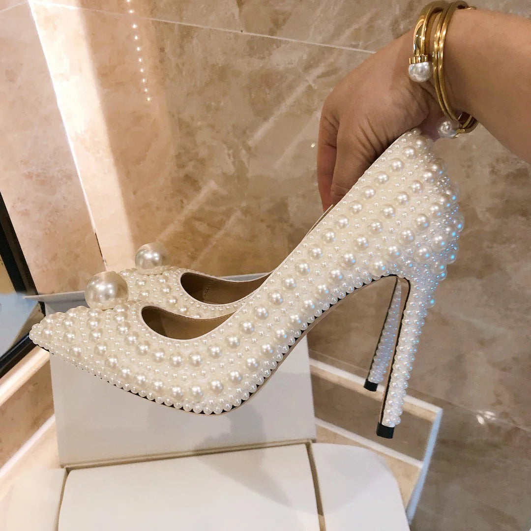 Luxury All perals Decoration White Women Pumps Fashion Spring Autumn Elegant 11CM Thin High heels Wedding Bridal Prom Shoes heels_bridal