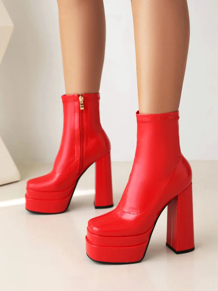 High Heeled Women Boots Square Toe Zipper Ankle Platform Shoes Cool Fashion Punk Gothic New Brand Winter Elastic Boots Woman boots_platform