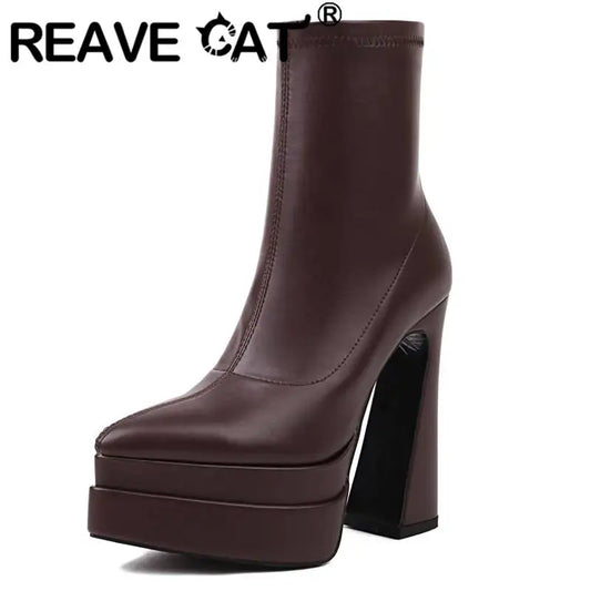 REAVE CAT Ladies Boots 15cm Shaft Stretchy Pointed Toe High Heel 6 inch Platform 5cm Big Size 46 Party boots_platform