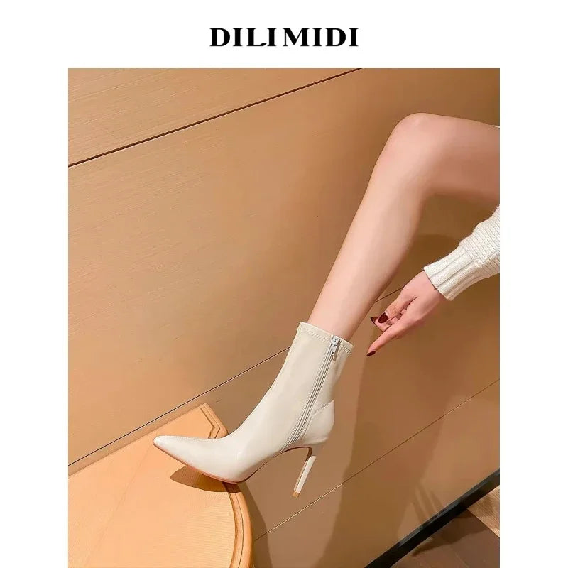Women's Spring Ankle Boots White High Heels Pointed Toe Stiletto Heel Side Zipper Short Boots Leisure Fashion Sexy Botas Mujer boots_highheel