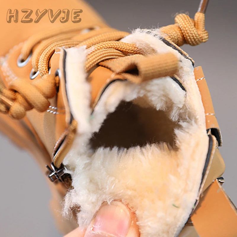 New Children's Fashion Boots Winter Thickened Boys Girls' Anti Slip Warm Leather Boots Side Zipper Solid Color Kids Casual Shoes kids_shoes