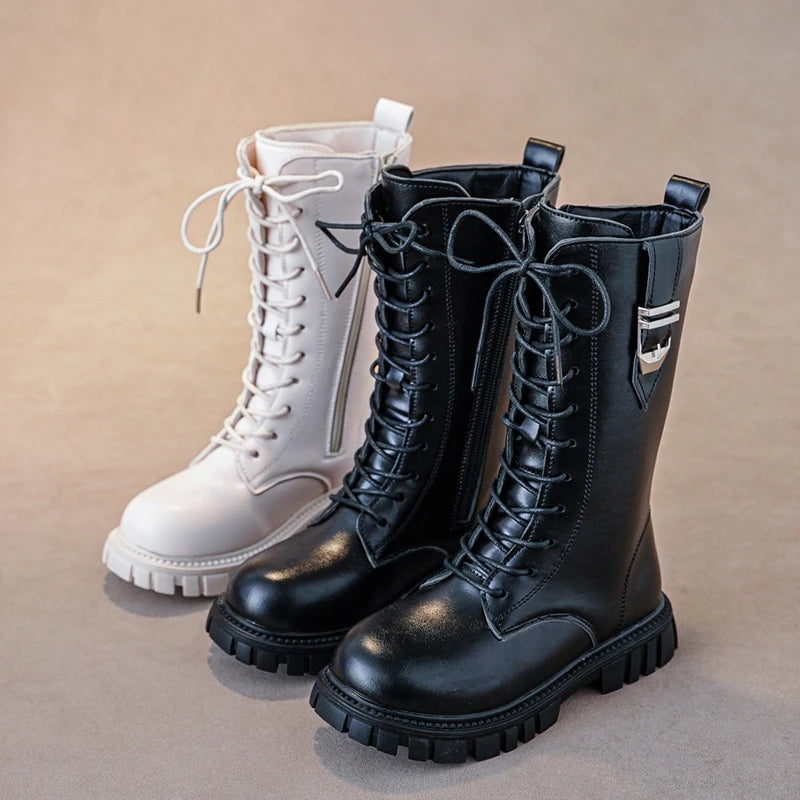 Elegant Zipper Baby Girl Casual Fashion Boots Autumn/winter Round Toe Warm Thick Sole Lace Comfortable Children's Midsole Boots kids_shoes